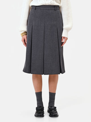 Dark Grey Viscose-Blend Midi Skirt with Box Pleats