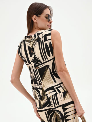 Schwarzes Top mit abstraktem Print und Volant am Saum