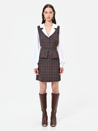 Abito marrone con stampa check effetto camicia