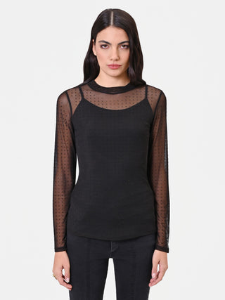 T-shirt nera doppiata in tulle con strass