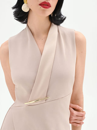 Taupe beige sheath dress with an asymmetric lapel