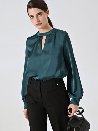 Green Satin Blouse with Cut-Out Detail