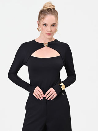 T-shirt in viscosa nera con scollo cut-out