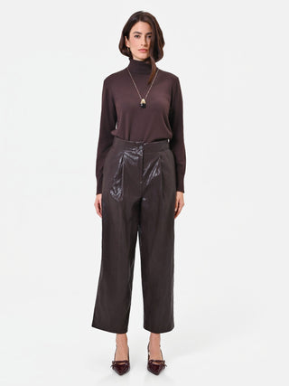 Brown Coated Pleated Trousers