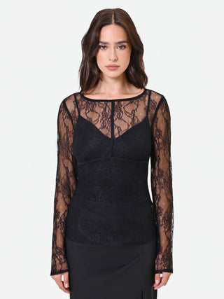 Blusa nera in pizzo con fodera a cuore