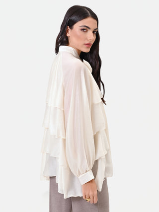 Ivory Lyocell Blouse with Ruffles and Bow
