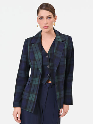 Chaqueta de botonadura sencilla en mezcla de viscosa azul con motivo tartán