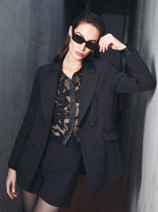 Black Double-Breasted Jacket with Covered Buttons