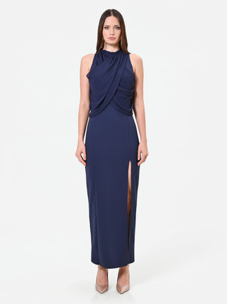 Abito lungo blu navy con drappeggio sullo scollo