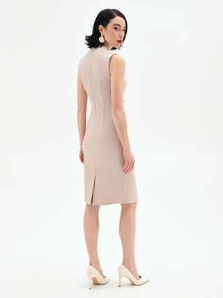 Taupe beige sheath dress with an asymmetric lapel