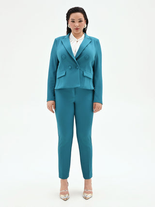 Giacca Curvy doppiopetto blu ottanio in scuba mano crepe