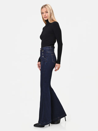 Jeans a zampa blu navy stile marinière high waist