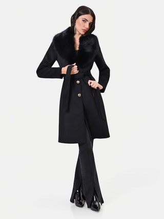 Cappotto monopetto nero con collo effetto pelliccia