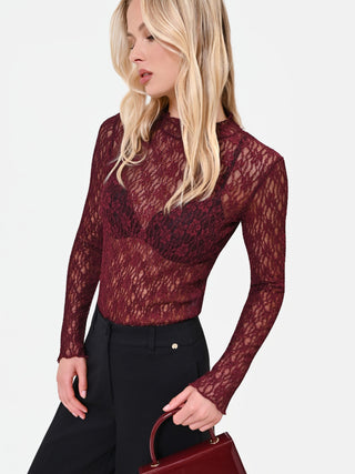 T-shirt in pizzo bordeaux rosso