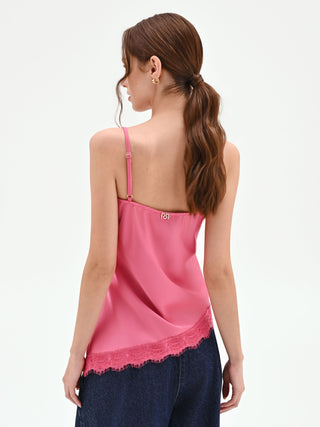 Top in raso rosa con inserti in pizzo