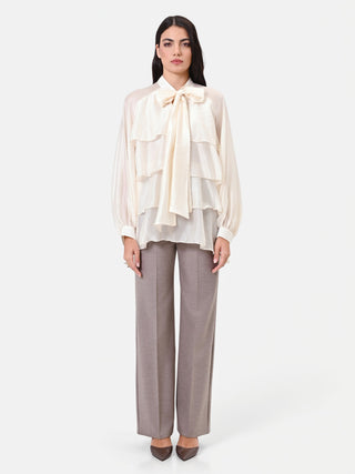 Ivory Lyocell Blouse with Ruffles and Bow