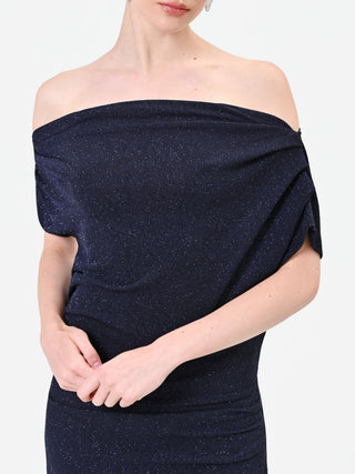 Abito lungo blu navy glitter con scollo drappeggiato
