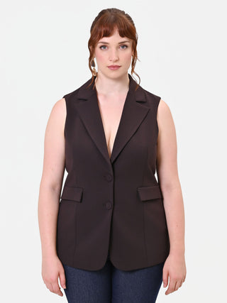 Curvy Dark Brown Technical Fabric Gilet with Lapels