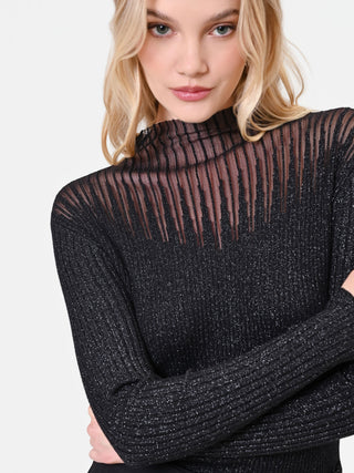 Black Ribbed Viscose Top with Semi-Sheer Insert