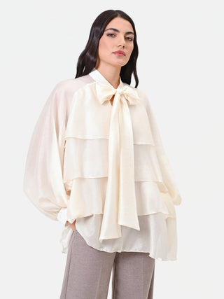 Ivory Lyocell Blouse with Ruffles and Bow