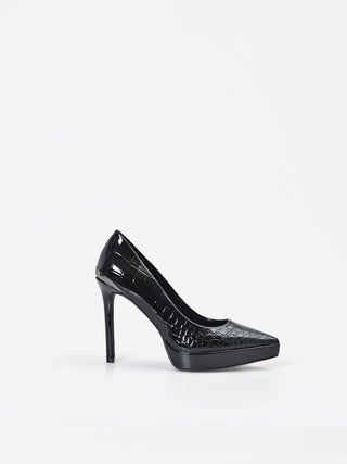 Black Croc-Embossed Platform Pumps