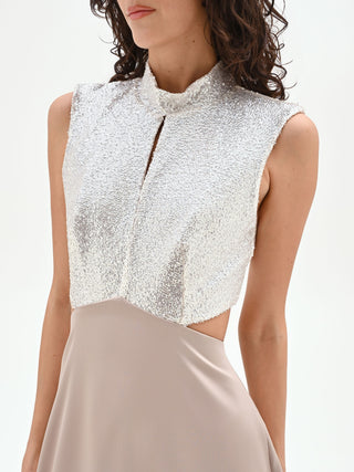 Long taupe beige dress with sequined bodice