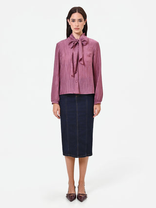 Camicia rosa antico plissé con fiocco