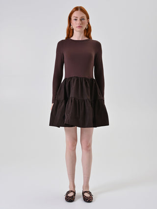 Chocolate Brown Mixed-Fabric Tiered Dress