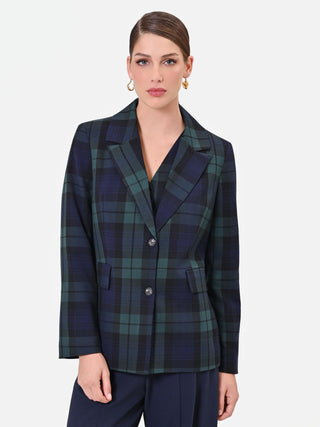 Chaqueta de botonadura sencilla en mezcla de viscosa azul con motivo tartán