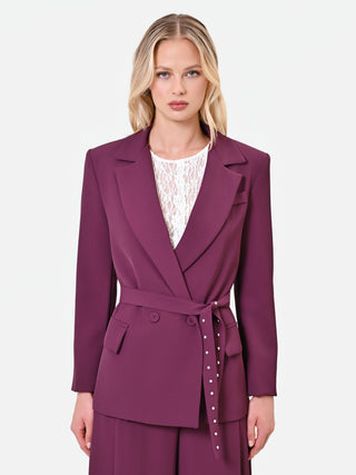 Veste bordeaux ceinturée à détail perles