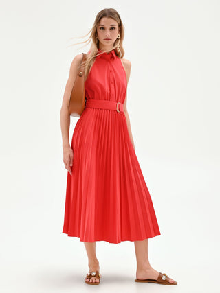 Abito chemisier rosso con gonna plissettata