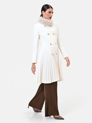 Off-White Double-Breasted Coat with Faux Fur Collar