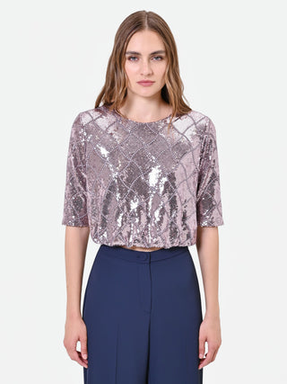 Blusa rosa antico in paillettes con disegno a rombi