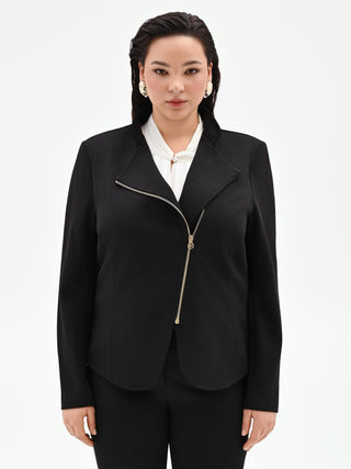 Schwarzer Curvy-Blazer mit Reißverschluss aus Crêpe-Scuba