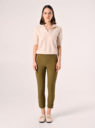 Pantaloni in Tessuto Tecnico Verde Militare con Bottoni