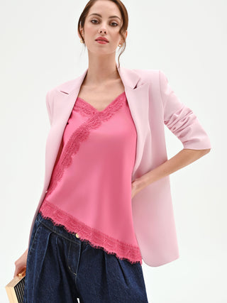 Top in raso rosa con inserti in pizzo