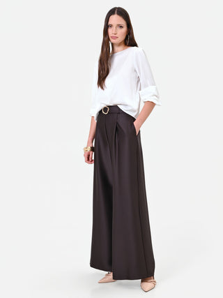 Pantalone palazzo moro marrone con cintura in raso
