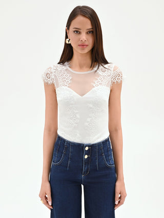 Top body avorio con inserti in pizzo e tulle