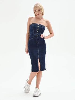 Navy Denim Sheath Dress with Gold Buttons