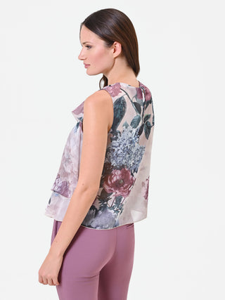 Top rosa antico con balze e stampa floreale