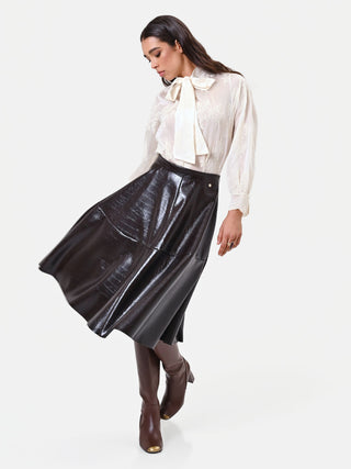 Gonna midi marrone in similpelle stampa cocco