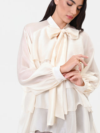 Ivory Lyocell Blouse with Ruffles and Bow