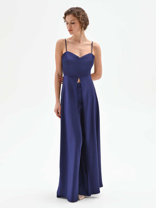 Top atelier lungo in raso blu indaco