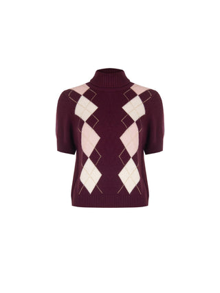 Bordeauxroter Viskose-Rollkragenpullover mit Rautenmuster