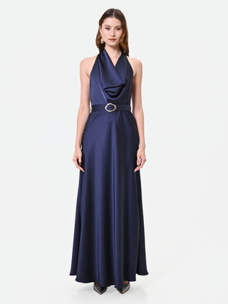 Abito lungo blu navy con scollo all'americana drappeggiato