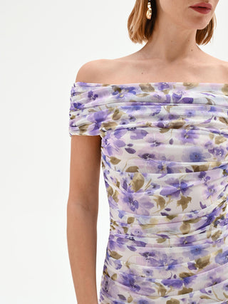Abito lungo viola lilla con stampa floreale