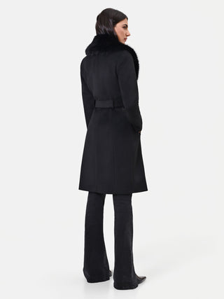 Cappotto monopetto nero con collo effetto pelliccia