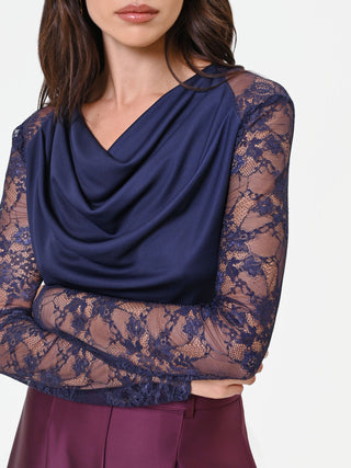 Blusa blu navy con scollo ad anello e maniche in pizzo