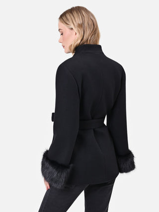 Short Black Coat with Faux Fur Cuffs