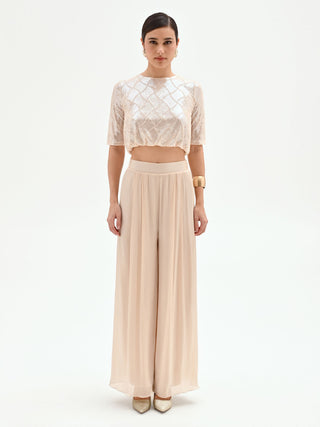 Light beige iridescent satin palazzo pants